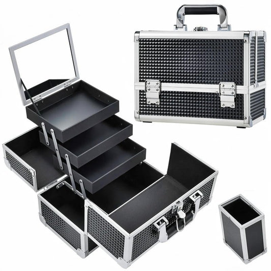 Joligrace Makeup Train Case Makeup Case 3-Tray Cosmetic Box with Mirror, Shine Black, 11.8-in Large Makeup Box with Detachable Brush Holder, Lockable Portable Makeup Travel Organizer Case