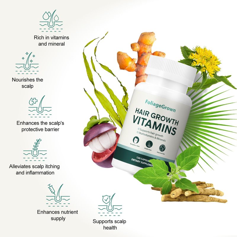FoliageGrown Hair Growth Supplements,Visibly Thicker Hair,Hair Growth Vitamins for Women and Men - 2 Month Supply(120 Capsules), White