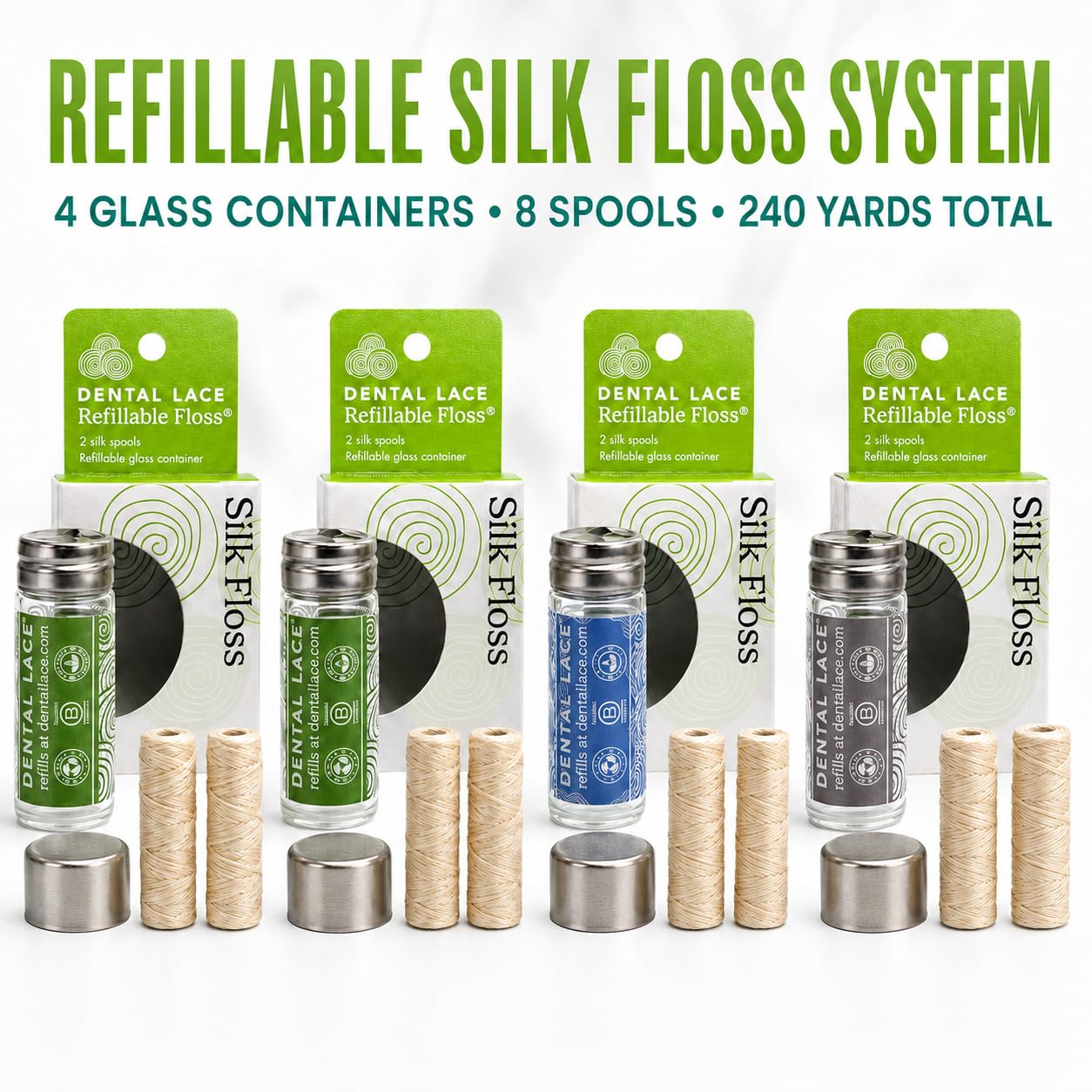 Dental Lace Refillable Silk Dental Floss Mint & Waxed PFAS Free 4 Pack