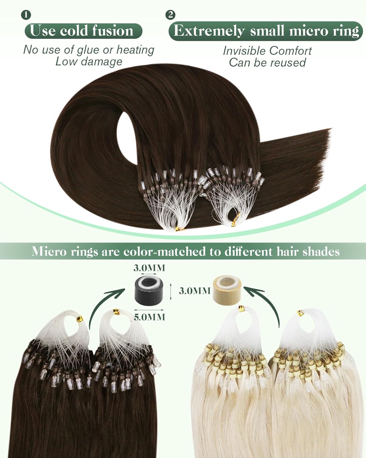 Microlink Hair Extensions - Darkest Brown Human Hair, No Heat No Glue, 16 Inch 50G 50S