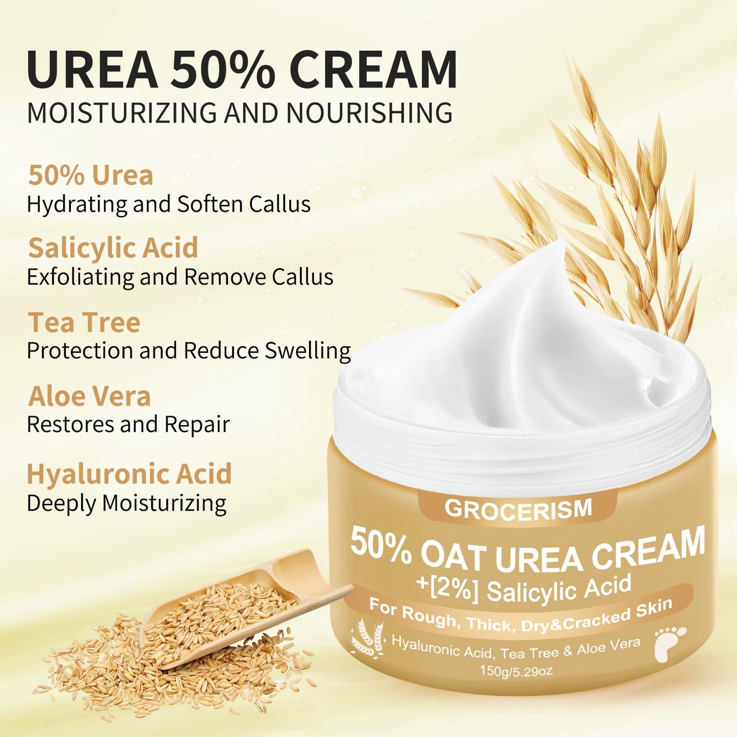 Urea Cream 50 Percent for Feet 10.58 oz with Oat and 2% Salicylic Acid, Foot & Hand Cream included Hyaluronic Acid, Tea Tree and Aloe Vera for Deep Moisturizing, Callus Removing (Classic Formula)