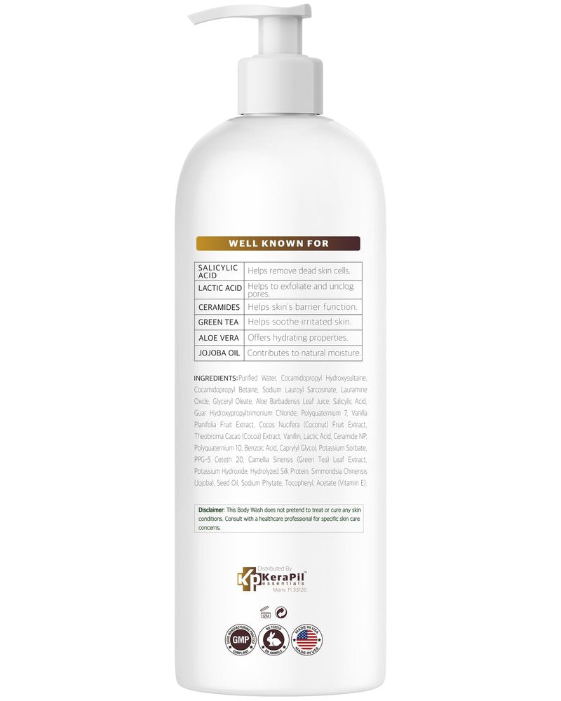 KERAPIL Exfoliating Body Wash with Salicylic Acid - No Dry Out, Gentle Exfoliates Rough and Bumpy Skin, Body Acne Wash, BHA & AHA - Coconut and Vanilla with Salicylic Acid - (16 fl oz)