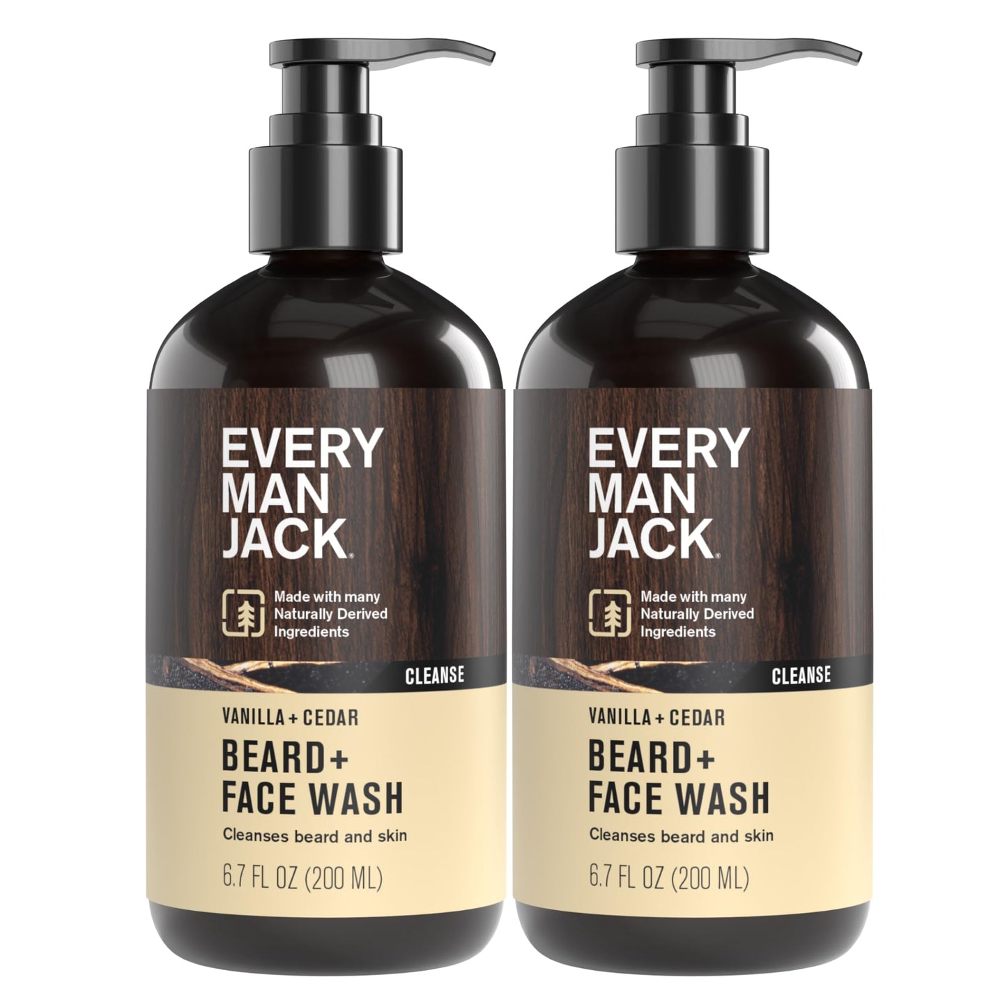 Every Man Jack Beard + Face Wash - Vanilla + Cedar Scent - Gently cleanse skin and soften beard - Made with Glycerin and Aloe - 6.7 fl. oz (2 Pack)