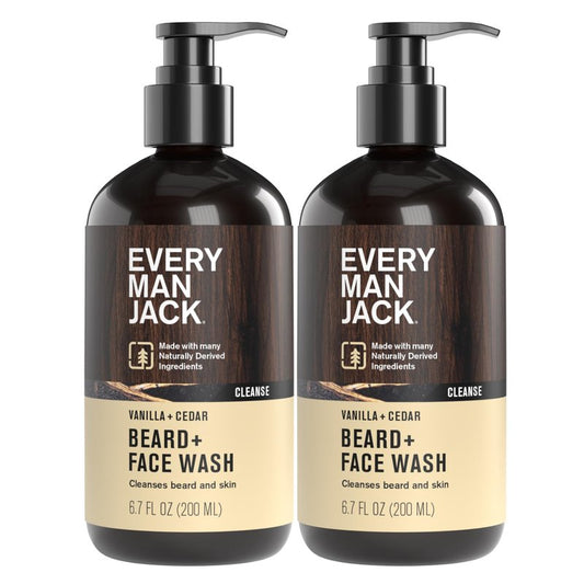 Every Man Jack Beard + Face Wash - Vanilla + Cedar Scent - Gently cleanse skin and soften beard - Made with Glycerin and Aloe - 6.7 fl. oz (2 Pack)
