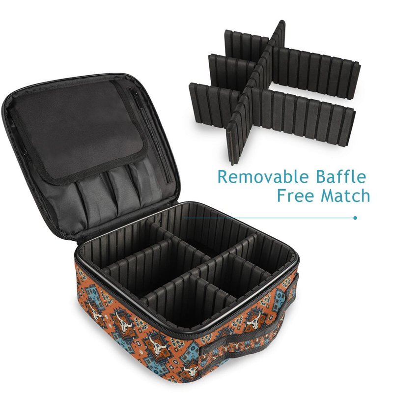 ALAZA Makeup Case Indian Tribal Aztec Ornament Geometric Pattern with Skulls Cosmetic Bag Organizer Travel Portable Storage Toiletry Bag Makeup Train Case with Adjustable Dividers for Women