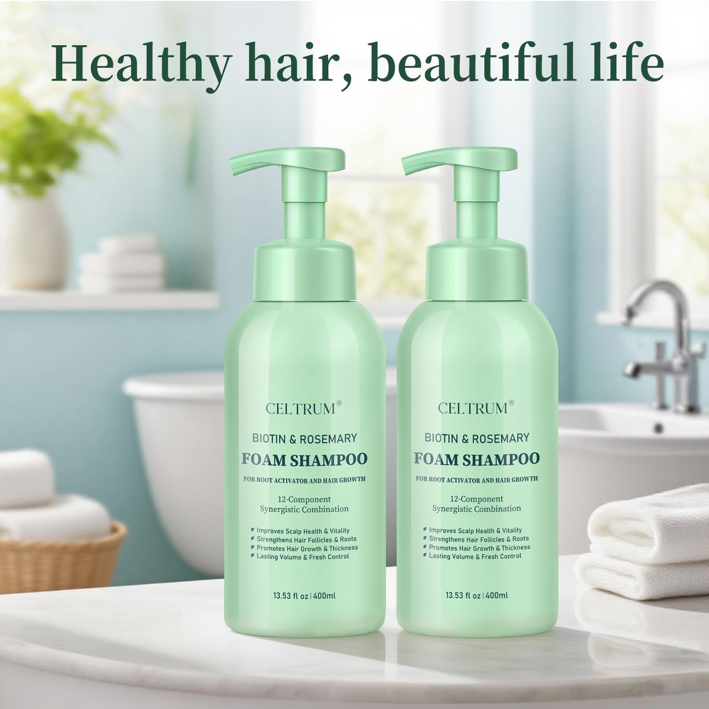 Foam Shampoo with Biotin & Rosemary for Hair Growth, Root Activator for Men and Women, 12-Component Synergistic Blend for Visibly Thicker Hair - 13.53 fl oz (Pack of 2)