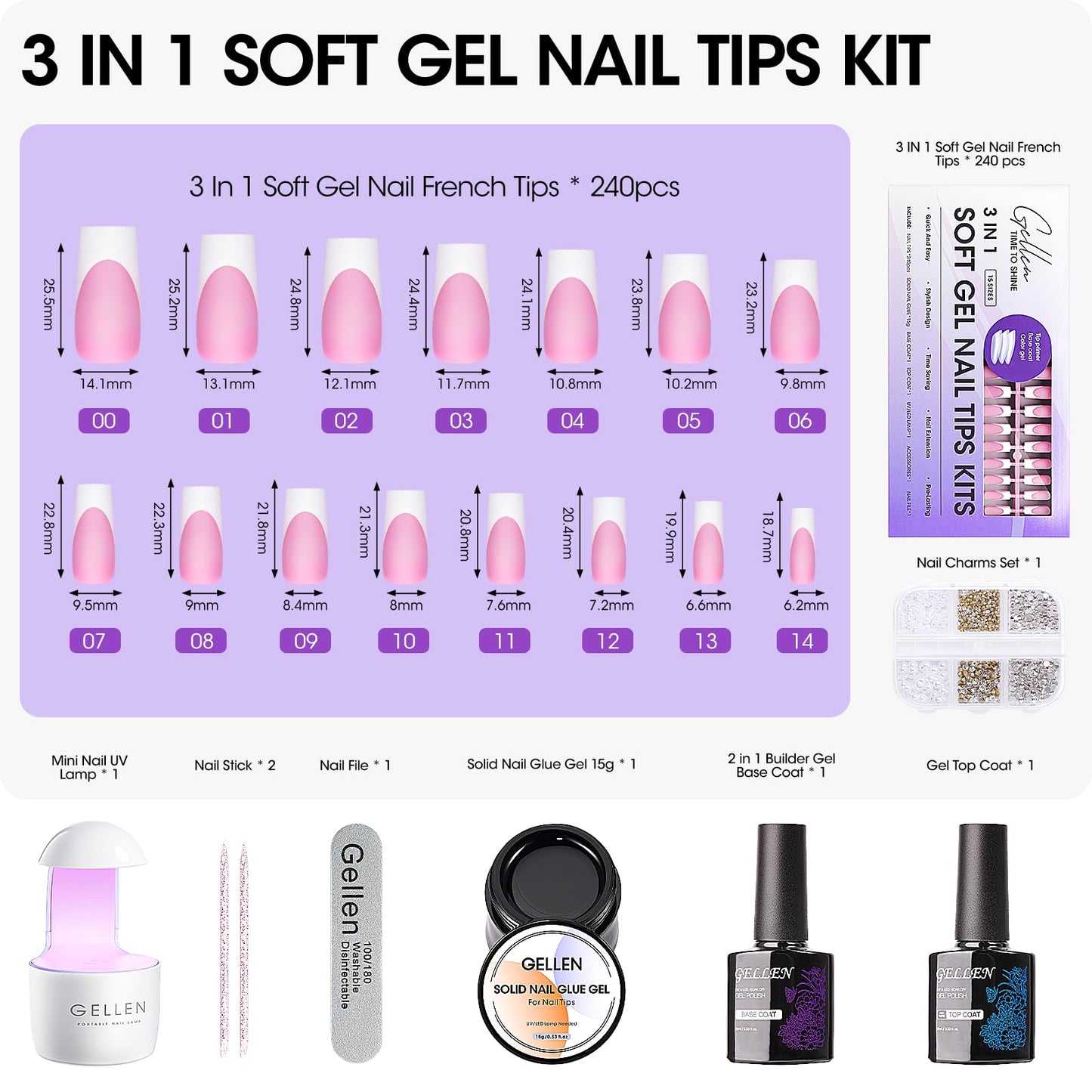 Gellen Pink Press on Nails Kit - Long Square French Tips Press on Nails 240pcs Soft Gel Nails, French Tip Nail Extension Kit