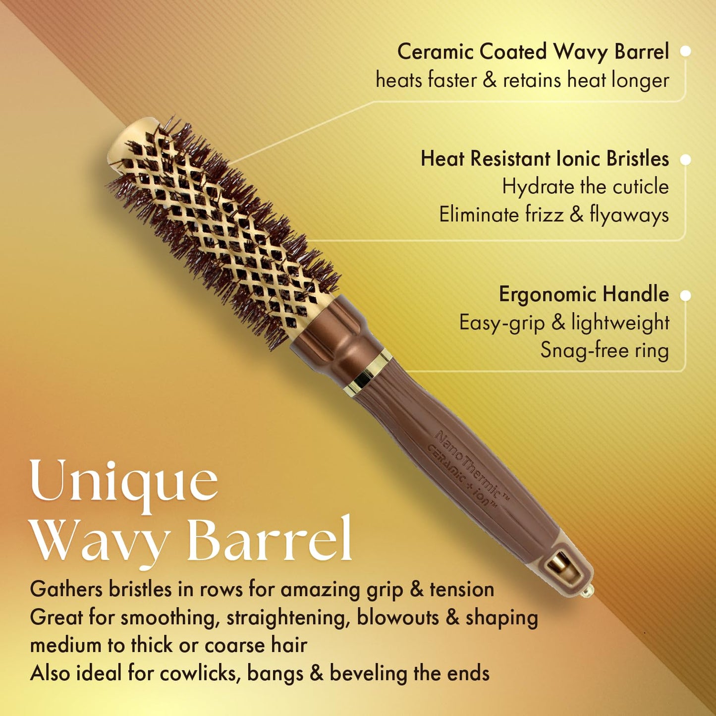 Olivia Garden NanoThermic PowerGrip Thermal Round Hair Brush - Not Electrical - Ceramic Blowout Brush for Medium to Thick Hair