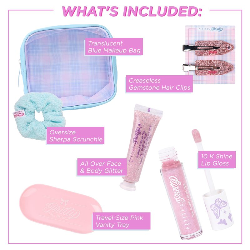 Petite N Pretty All in One Makeup Set for Kids, Tweens and Teens – Pink Mesh Bag with Lip Gloss Keychain, Hair Ties, Nail Decals, Headband, Heart Mirror, Nail File, Comb – Perfect Travel Kit & Gift