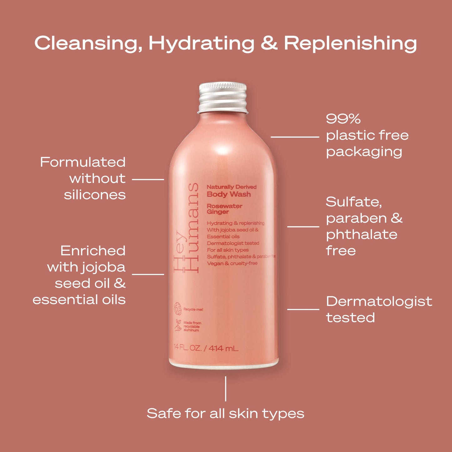 Hey Humans Rosewater Ginger Moisturizing Body Wash with Natural Ingredients & Jojoba Oil | Clean, Vegan, Sulfate Free Bath & Body Wash for Women | Recyclable Bottle, 14 fl. oz. - Pack of 3