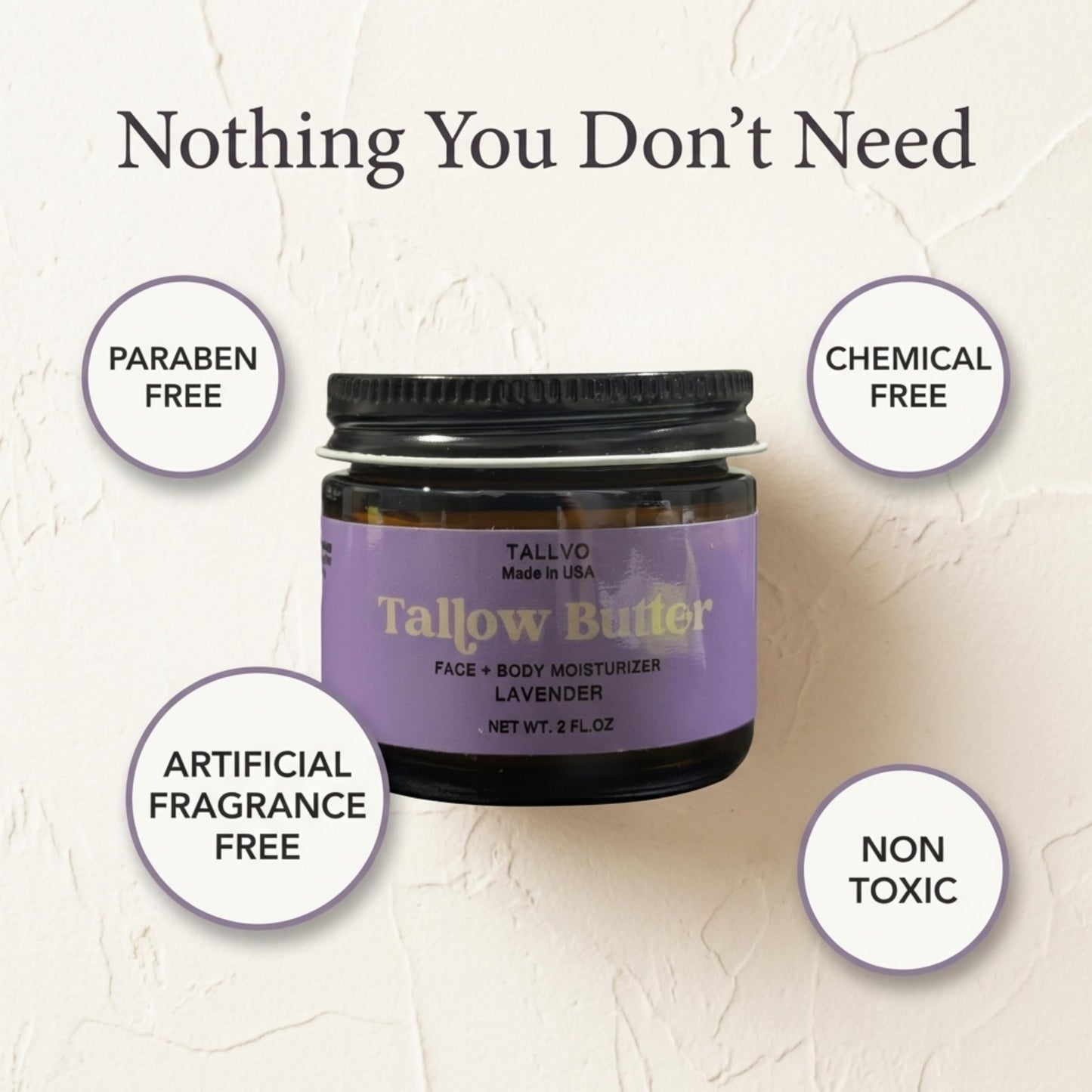 Tallvo Grass-Fed Beef Tallow Moisturizer for Face & Body Whipped Tallow Balm for Dry Skin, Eczema & Sensitive Skin Natural, Non-Toxic, Deep Hydration Skincare (Lavender, 2 oz)