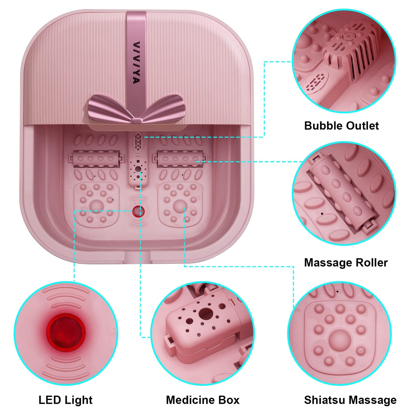 VIVIYA Collapsible Foot Bath Spa with heat and Massage Rollers, Foldable Foot Soak Tub with Bubbles Jets and LED light, Pedicure Foot Spa Massager with Foot Scrubber for Home Use (White)