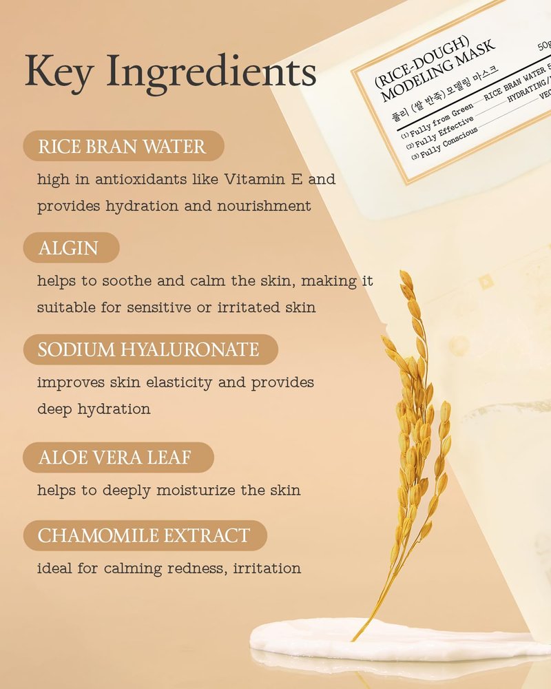 FULLY Rice Dough Facial Modeling Mask, Instant Hydration Boost, Radiance Boost, Skin Moisture Barrier, Nourishing, Vegan Hyaluronic Acid, Rice Bran Water, Aloe Extract 1.76oz x 4ea