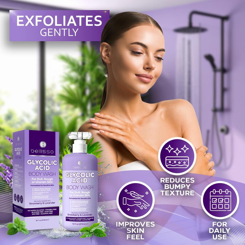 BELLISSO Glycolic Acid Body Wash - Exfoliating AHA Liquid Soap for Rough and Bumpy Skin - Gentle Exfoliant - Bump and Lump Eraser Formula - 16 Fl Oz