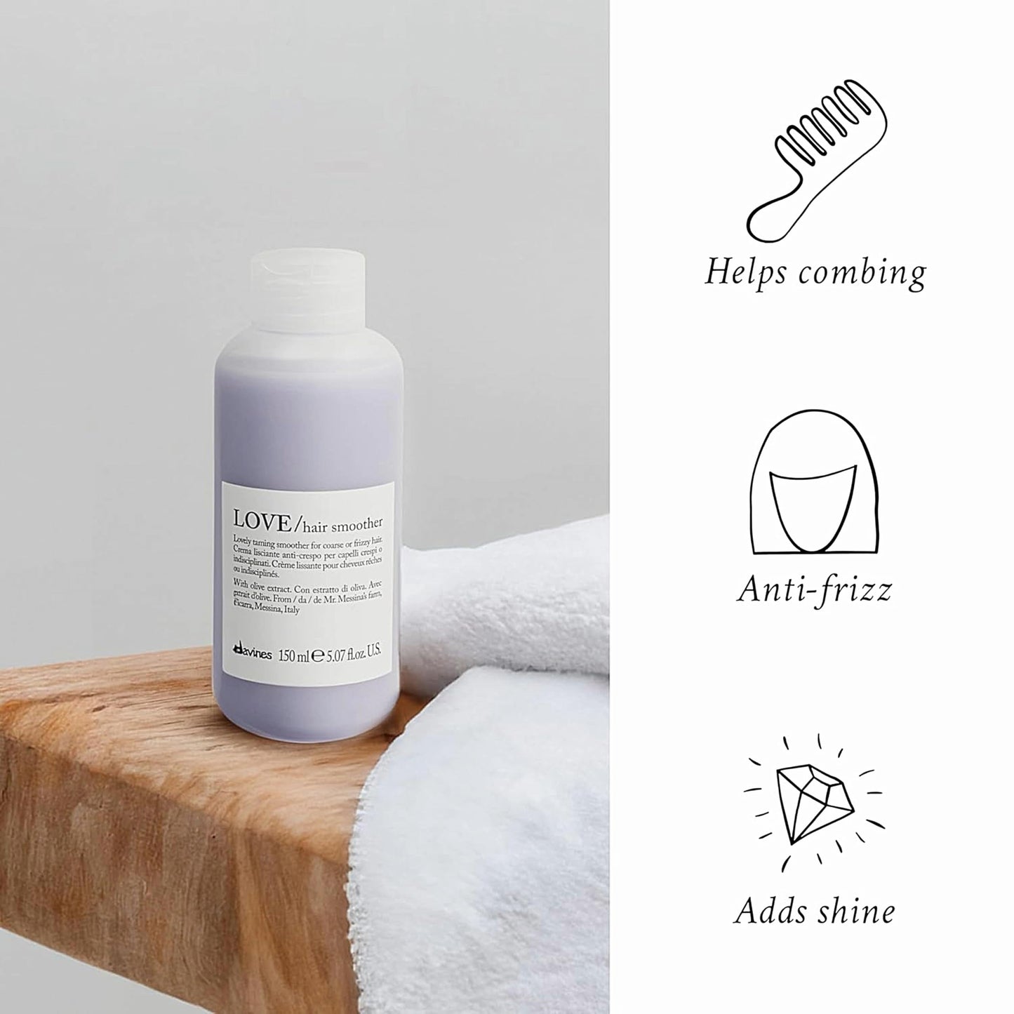 Davines LOVE Hair Smoother, Leave-On Cream To Smooth Frizzy, Unruly Or Wavy Hair Weightlessly, 5.07 Fl. Oz.