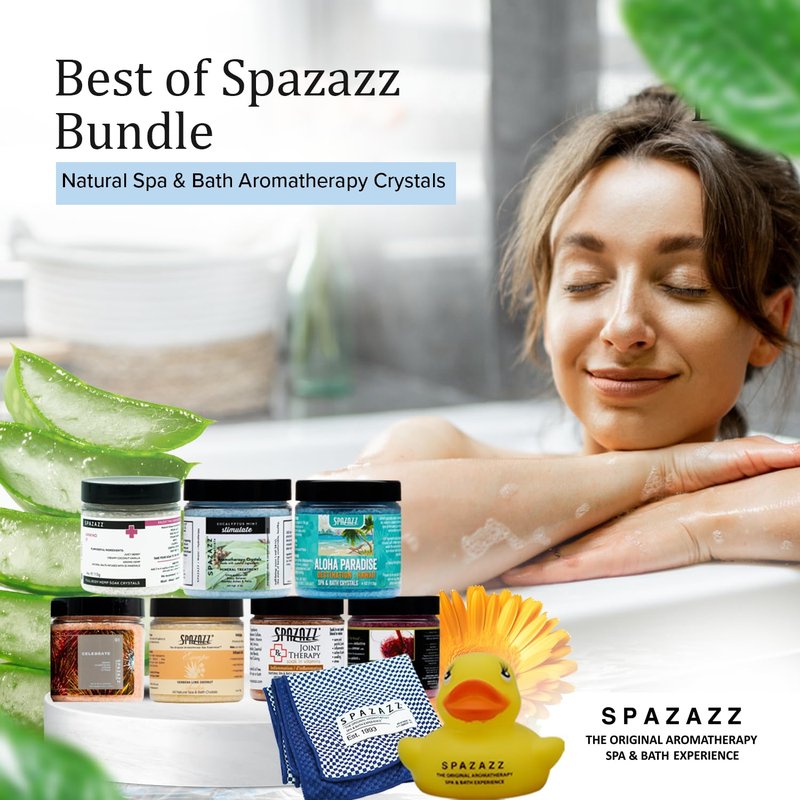 Spazazz Hot Tub Aromatherapy Gift Bundle- Seven- 4 Oz Spazazz Hot Tub Aromatherapy Bath Salt Crystals Sampler Jars Plus Hot/Cold Towel and Rubber Duck - Seven Distinct Scents of Bath and Spa Salts