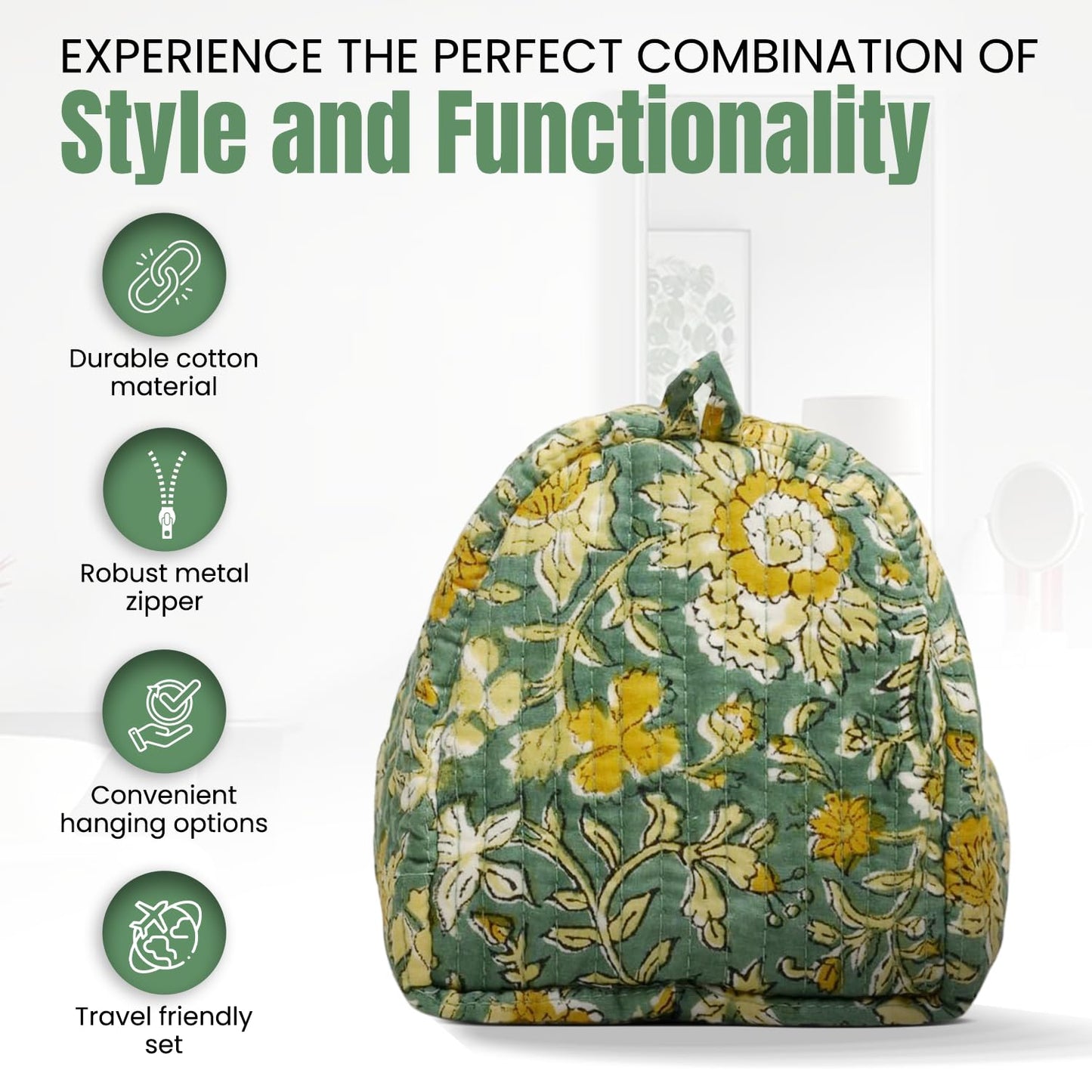 Cotton Hand Block Floral Print Toiletry Bag For Women Make Up Cosmetic Bag Jewelry Organizer Kit Storage Case Travel Accessories Essential Toiletries Purse Pouch (Green - Set of 3, Small Medium Large)