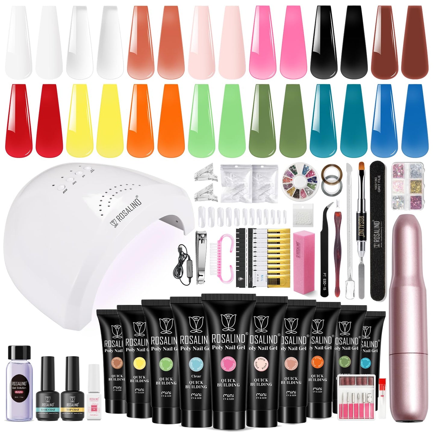 ROSALIND Neon Poly Nail Gel Kit with Drill -14 Colors Poly Extension Gel with U V Lamp Slip Solution and Electric Nail Drill Starter Kit, 0.34 oz/10 ml Nails Extension Set Home Salon DIY for