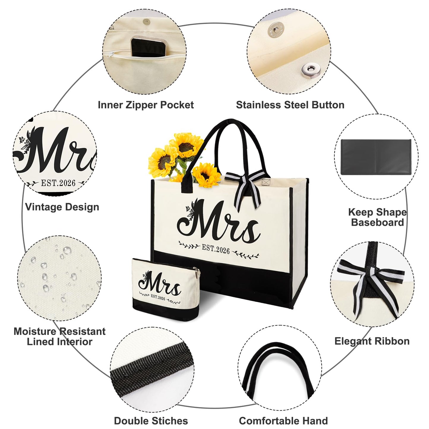 Mrs 2026 Bride Canvas Tote Bag with Makeup Bag, Wedding Bridal Shower Gifts
