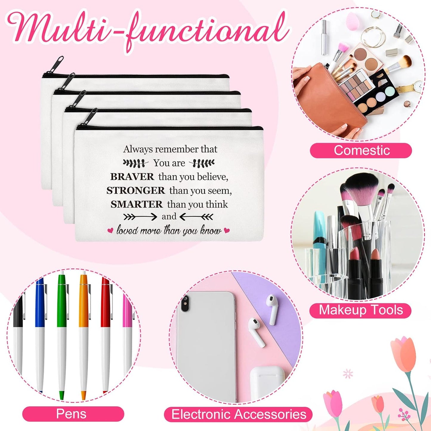 Inspirational Makeup Bags - 26 Pcs Cosmetic Bag Set for Women | Empowerment Quotes & Zipper Closure