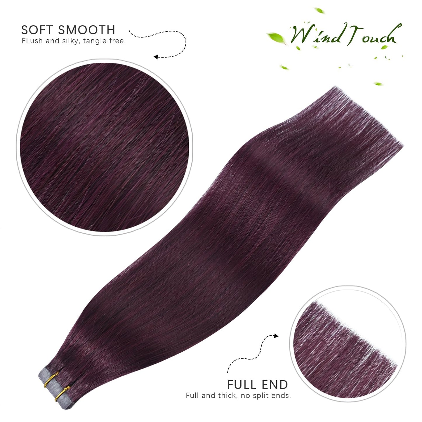 WindTouch Tape in Hair Extensions Wine Red Remy Silky-Smooth Straight Burgundy 20 Pcs 16Inch #99j 30g Invisible Tape in Hair Extensions Human Hair