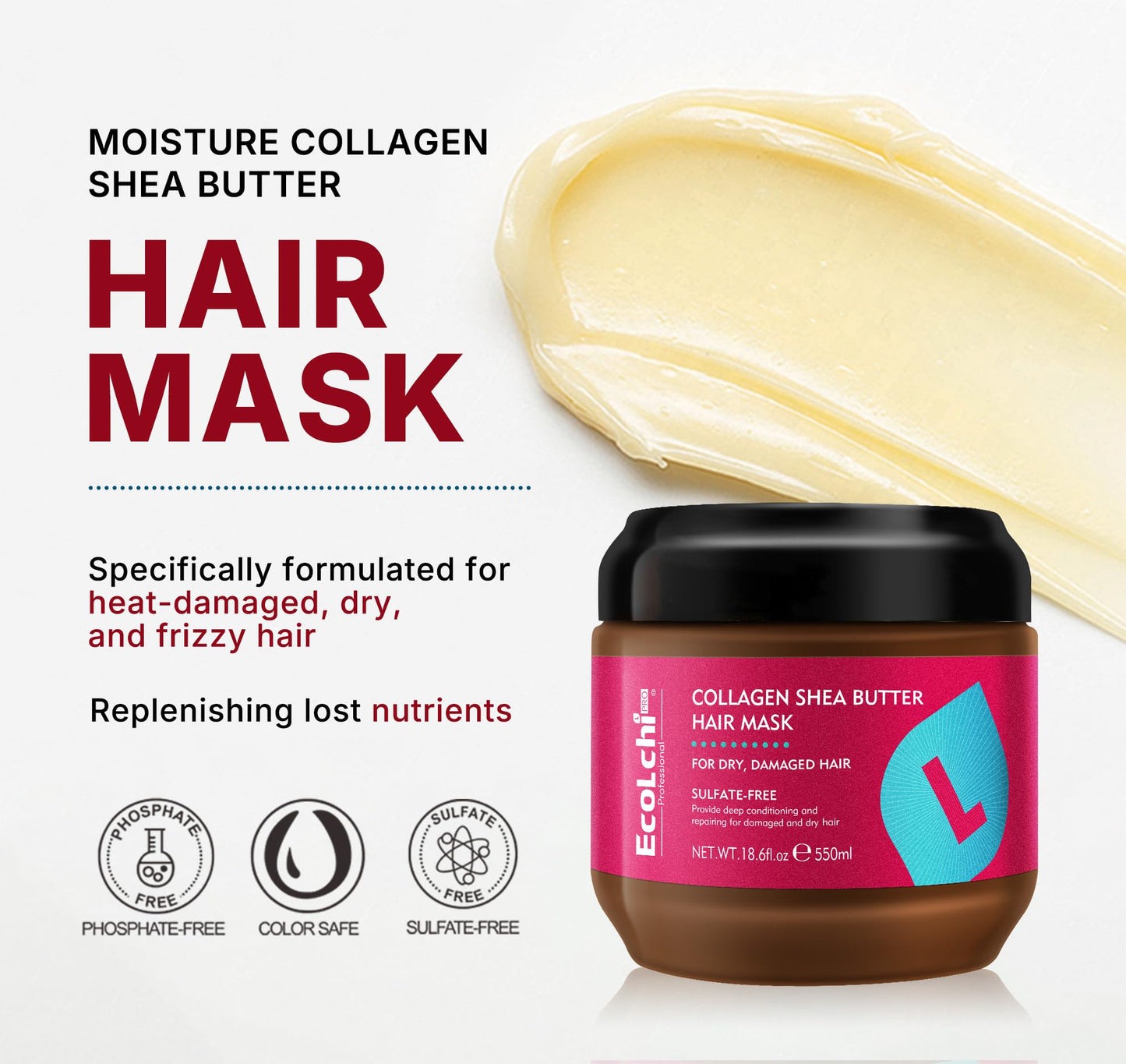 ECOLCHIPRO Collagen Shea Butter Hair Mask Deep Repair Conditioning Collagen Shea Butter Hair Treatment for Dry and Damaged Hair All Hair Types 18.6 oz 550ml