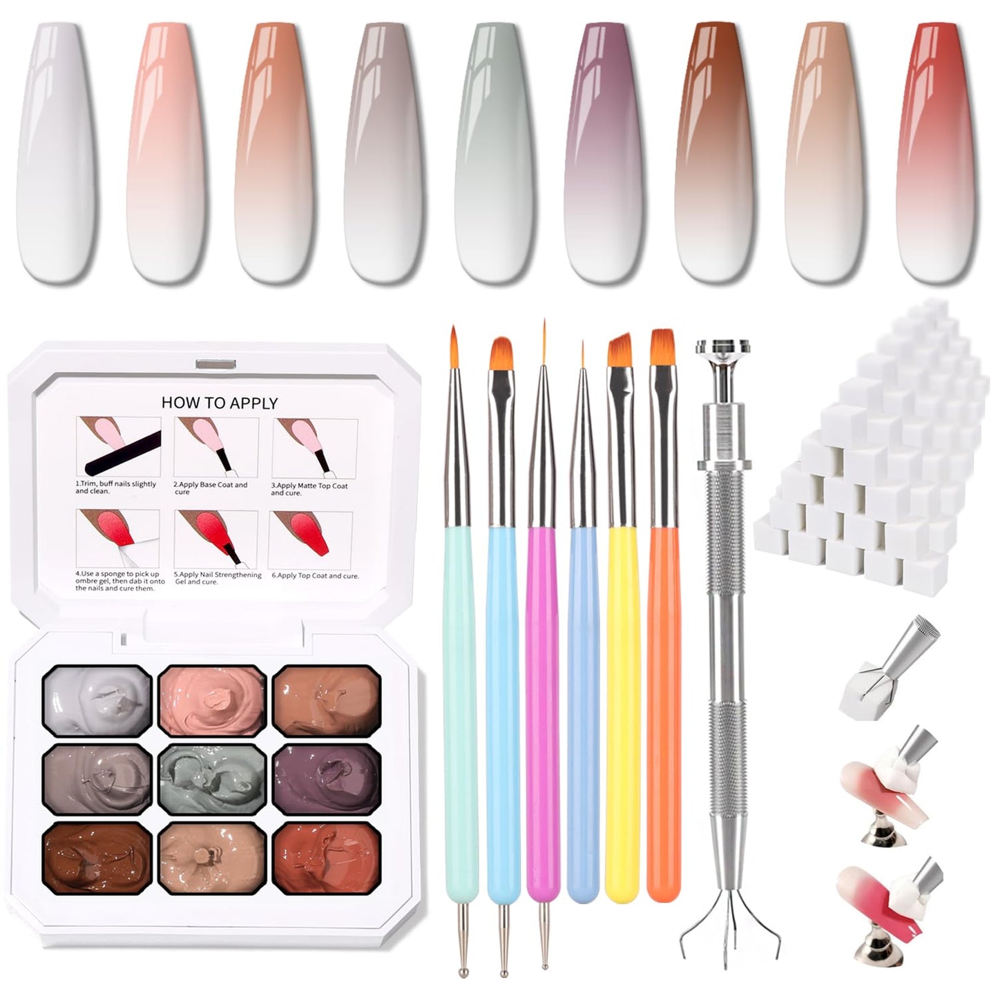 Ombre Nail Gel Set - 9 Colors Sponge Pat Paint for Floral Nail Art, No Wipe, UV/LED Curing