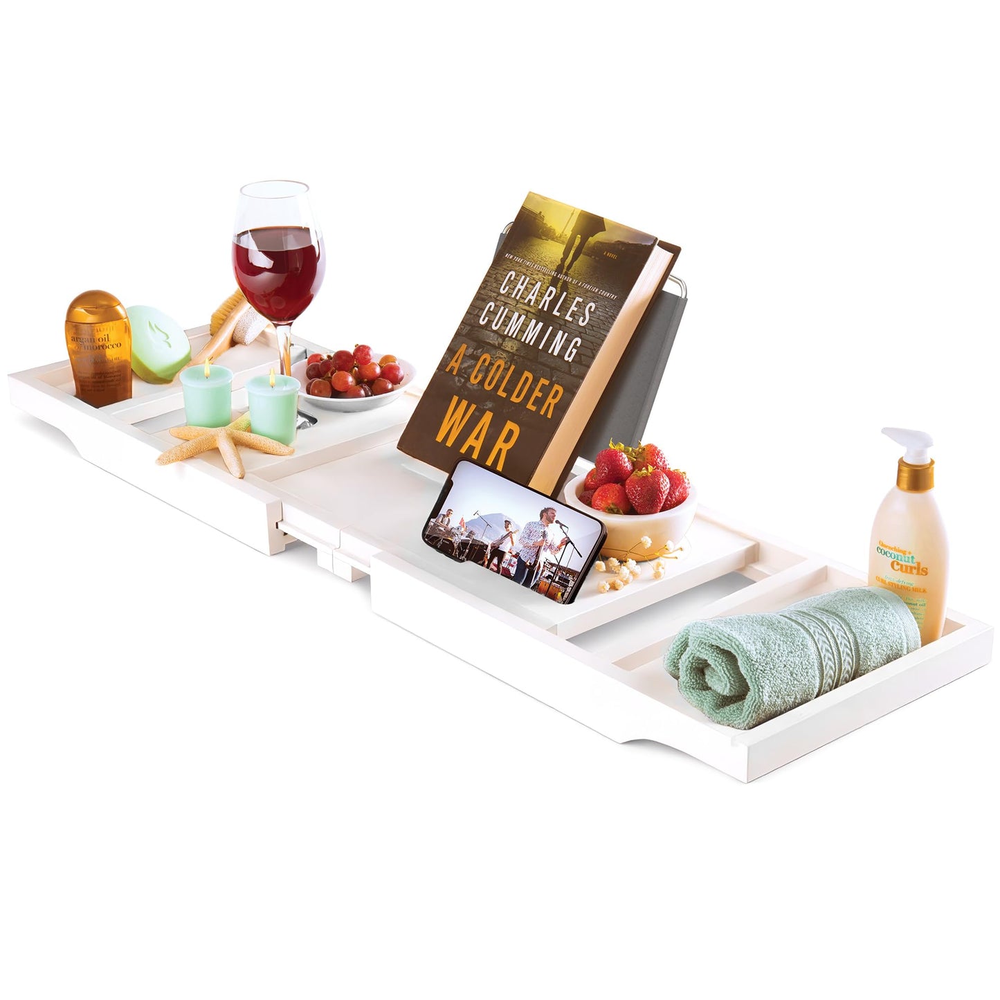 White Bathtub Tray for Tub - Bamboo Bath Tray, Expandable Wooden Bath Caddy Tray with Wine Holder, Book and Tablet Stand, Bathroom Accessories, Tub Table, Bridal Shower Gifts for Women