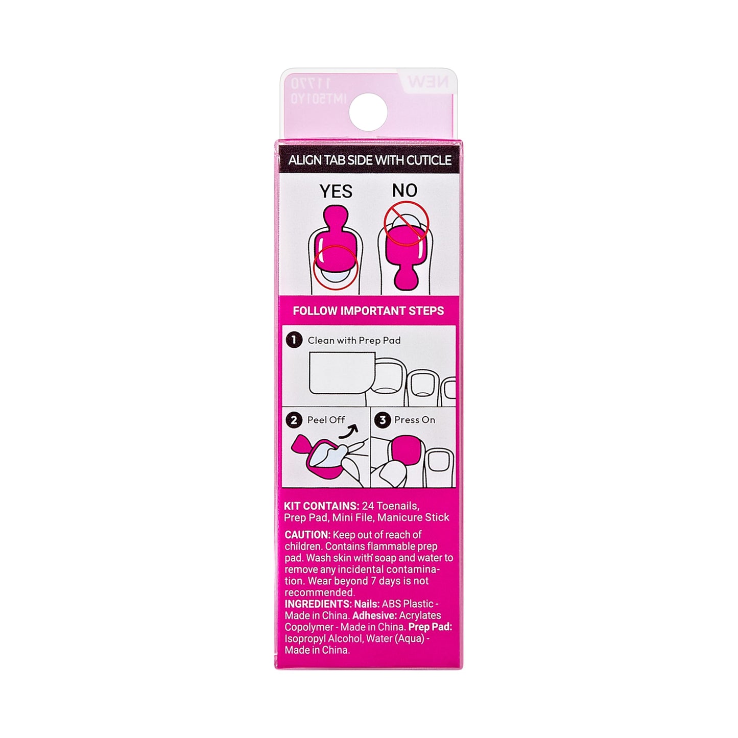KISS Impress No Glue Mani 30 Pcs Press on Toenails, Hot Pink Stick on Extension False Nails for Toes, Peel & Press Easy Apply, Hassle-Free Removal, Includes Manicure Stick, Prep Pad & File