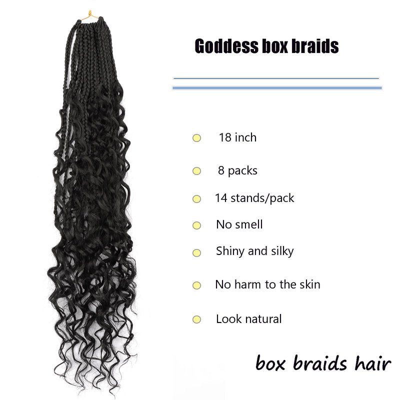 LYCSOU Goddess Box Braids Crochet Hair 1B - 18 Inch 8 Packs Crochet Box Braids Pre-looped Bohemian Boho Box Braids Crochet Hair with Curly Ends Synthetic Crochet Hair for Black Women