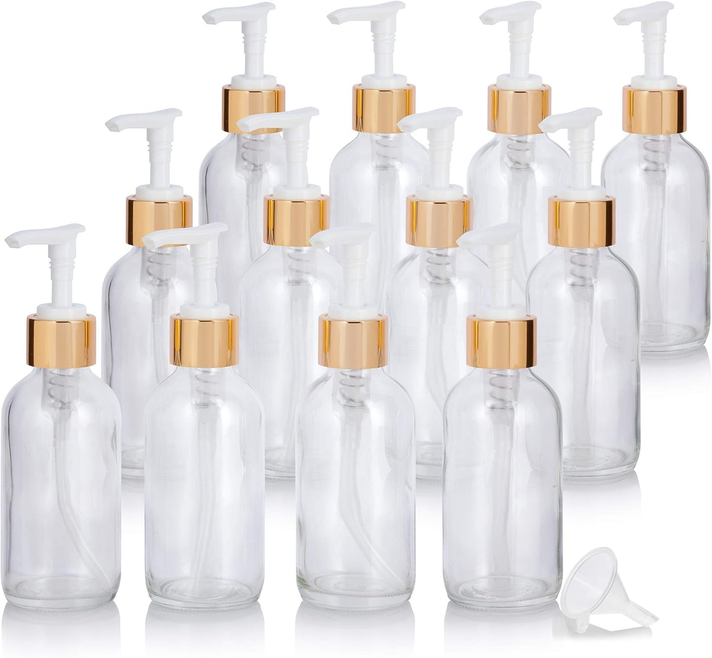 JUVITUS Clear Boston Round Glass Bottles - 4 oz with Gold Lotion Pump | 12 Pack for Home Decor, DIY, Essential Oils