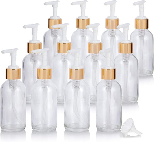 JUVITUS Clear Boston Round Glass Bottles - 4 oz with Gold Lotion Pump | 12 Pack for Home Decor, DIY, Essential Oils