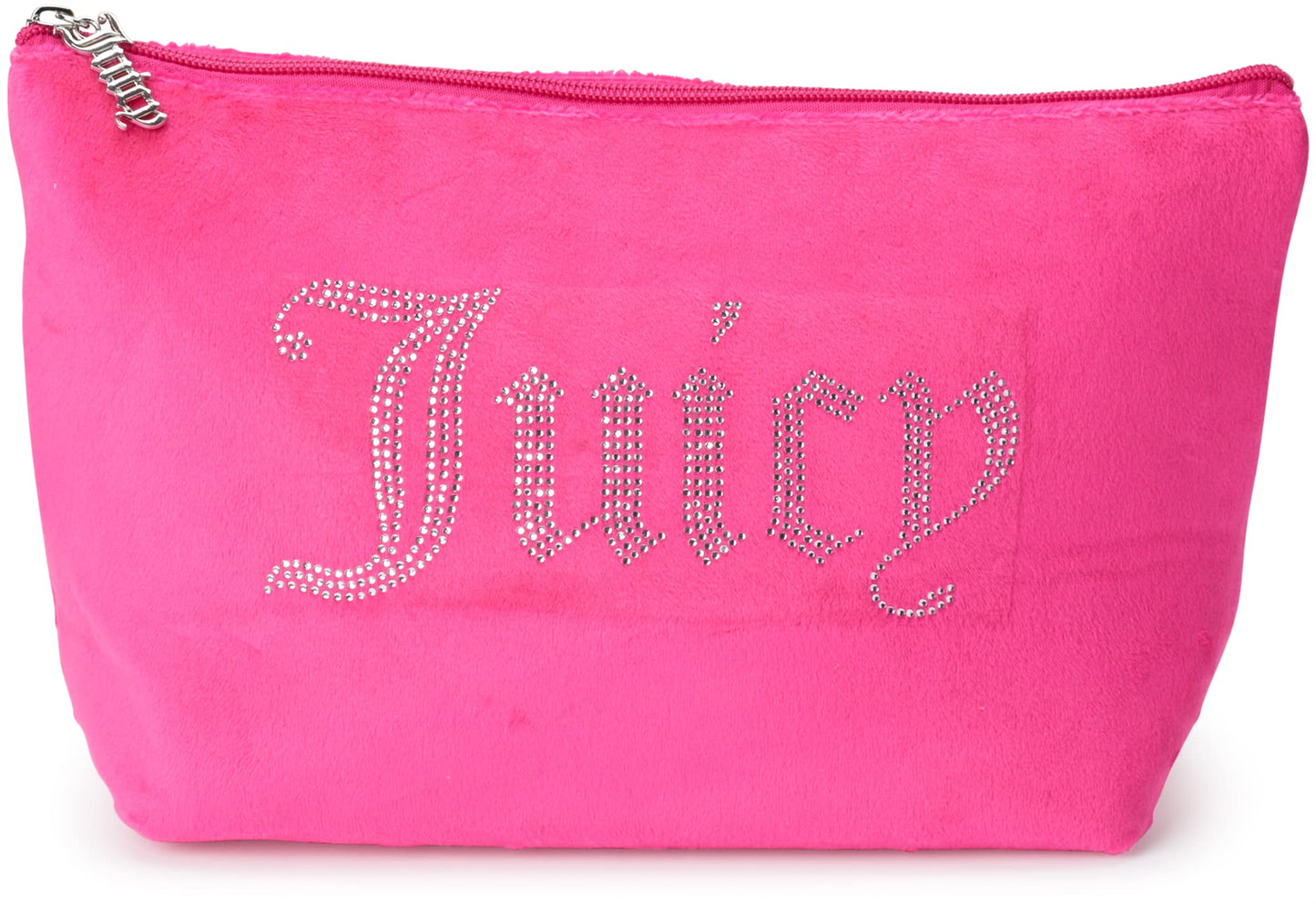 Juicy Couture Hot Pink Makeup Bag Cosmetics Organizer Travel Essentials Zip Top Wedge Velour Rhinestones