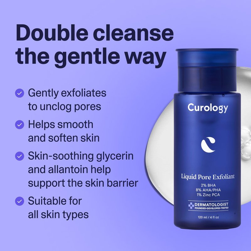 Curology Liquid Pore Exfoliant, 2% BHA Salicylic Acid, 8% AHA/PHA Lactic Acid, and 1% Zinc PCA, Brightening and Exfoliating Facial Skin Care, 4 fl oz