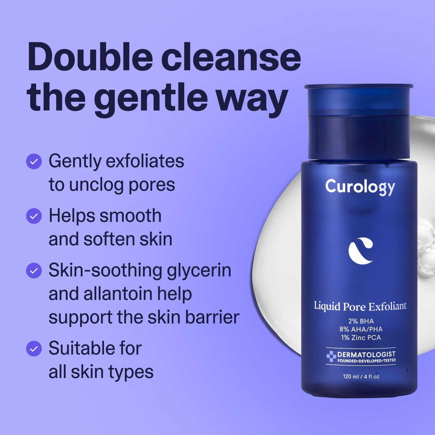 Curology Liquid Pore Exfoliant, 2% BHA Salicylic Acid, 8% AHA/PHA Lactic Acid, and 1% Zinc PCA, Brightening and Exfoliating Facial Skin Care, 4 fl oz