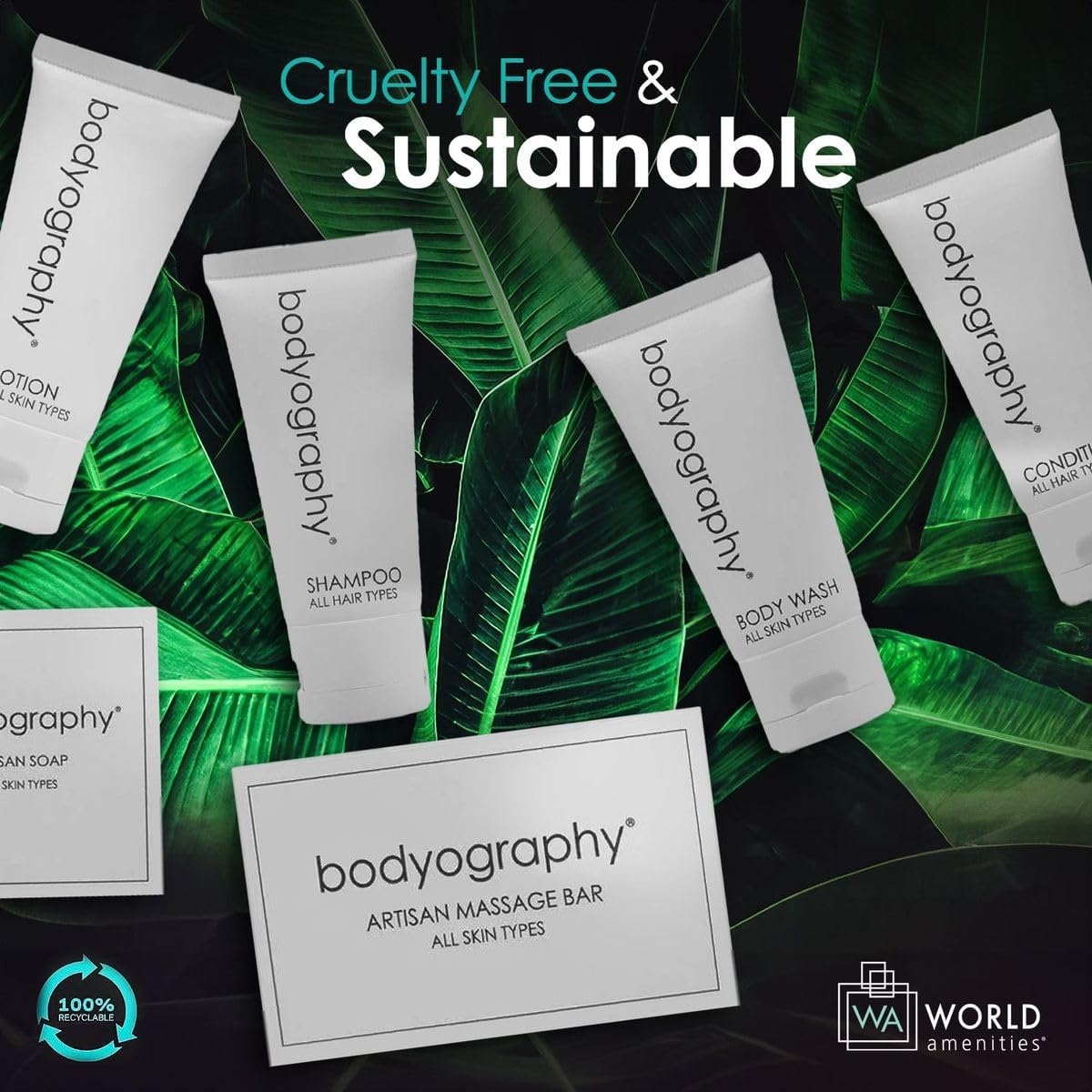 World Amenities - Bodyography Blanc Mini Travel Size Toiletries Bathroom Kit | Vanilla White Tea| Shampoo, Conditioner, Body Wash, Lotion, Artisan Soap and Massage Bar