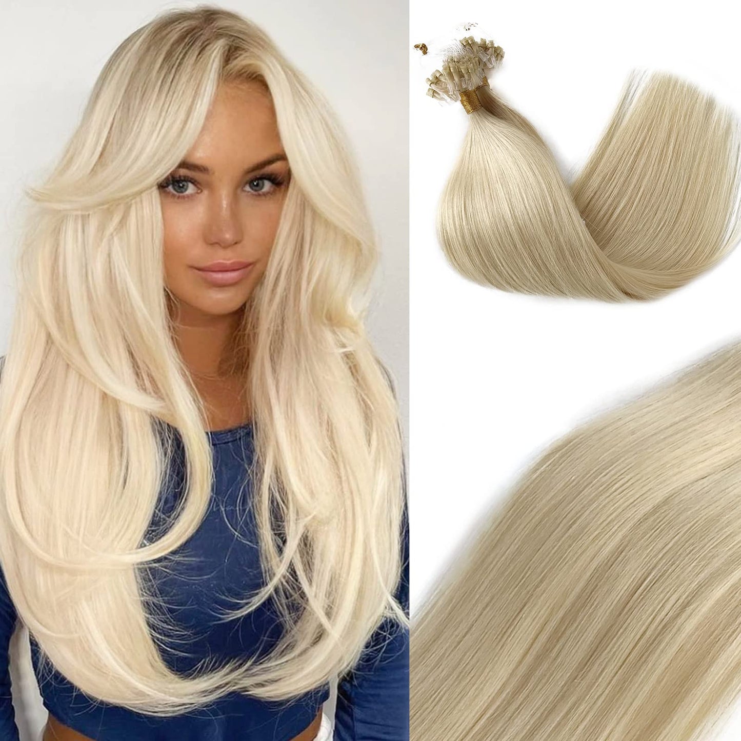 White Blonde Micro Beads Hair Extensions for Women - Micro Ring Cold Fusion Platinum Blonde #60 Microlink Natural Straight Soft Human Hair 50G/50Strands