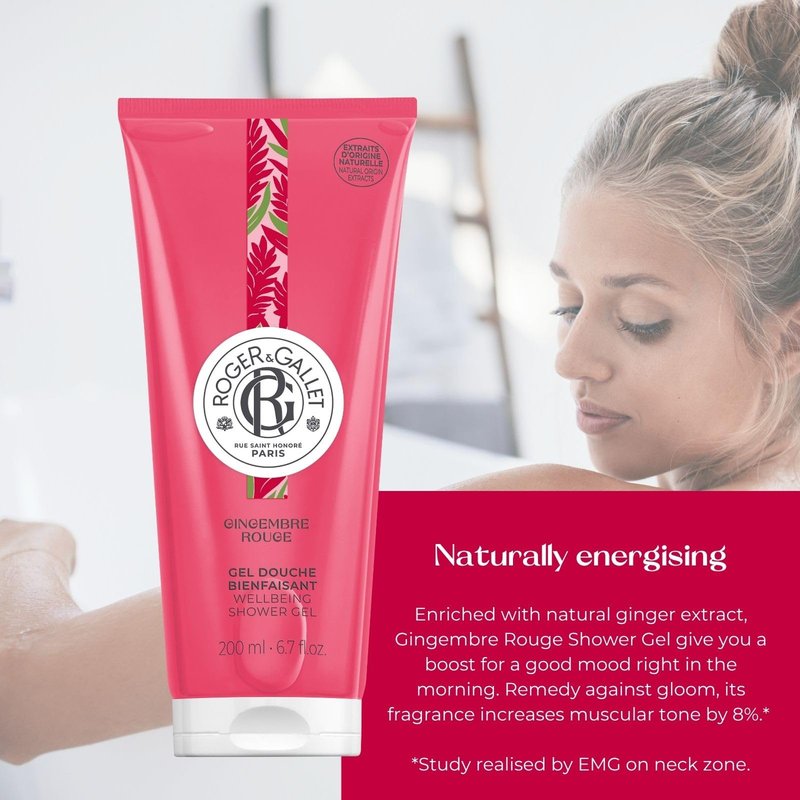 ROGER & GALLET Wellbeing Shower Gel – Plant-Based Hydrating Body Wash with Aloe Vera, Gentle Foaming Cleanser for Soft Skin (Gingembre Rouge - Red Ginger | 6.7 Oz)