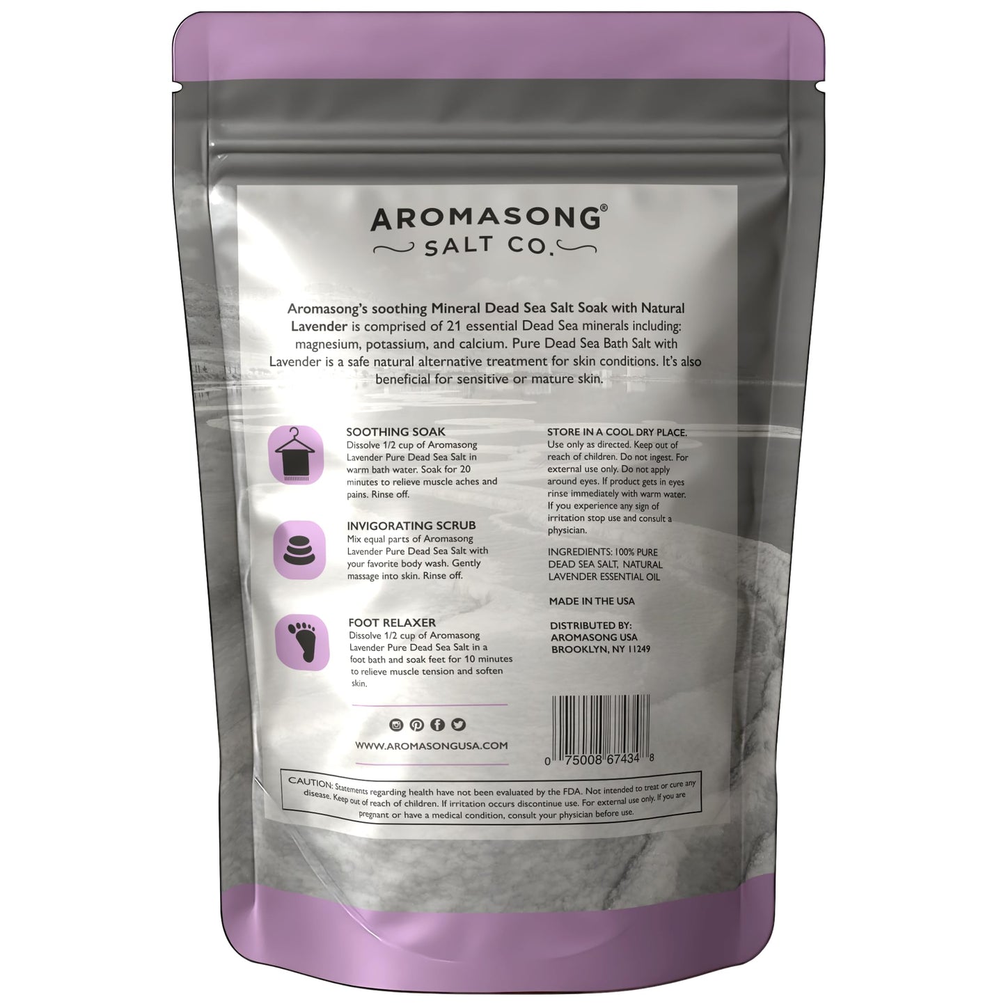 Aromasong Pure Raw Dead Sea Salt for Soaking with 100% Natural Lavender, 5 LB - Spa Bath Salt Fine Grain - Body Wash Scrub - Soak for Women & Men- Bulk Resealable Pack