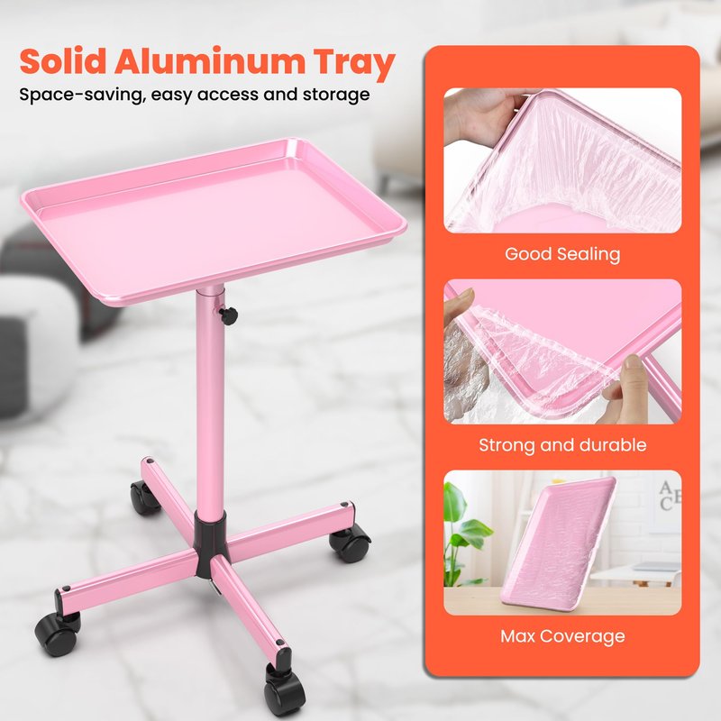 TASALON Rolling Salon Service Cart with Tray Top, Height Adjustable, Aluminum Rolling Tray Trolley for Salon Essentials, Adjustable Heightfor Hairstylist Tray 10 PCS Disposable Salon Tray Cover,Pink