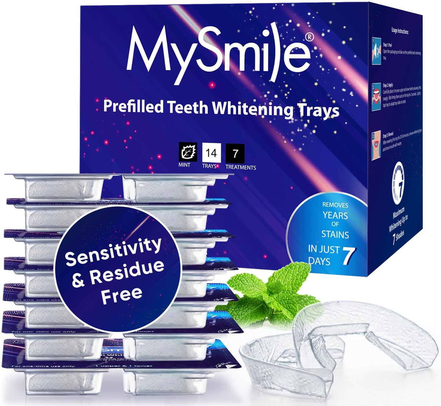MySmile 7 Treatments Prefilled Teeth Whitening Trays Kit with 12% Hydrogen Peroxide Whiter Gel for Sensitive Tooth, Fast-Result Vegan Teeth Whitener U-Wraps Tooth Stain Remover, Mint Flavor