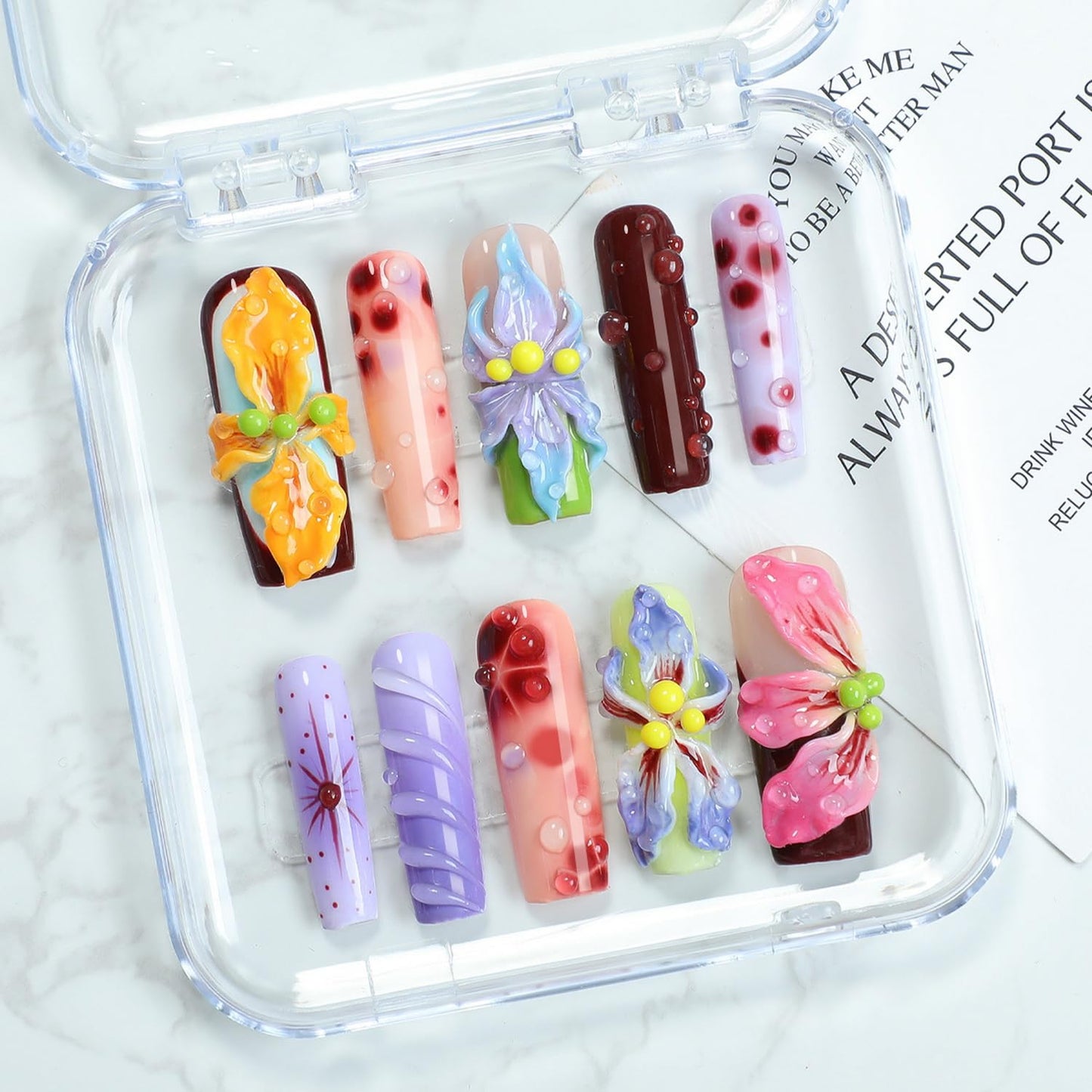Handmade Flower Press On Nails - Gradient Floral 3D Waterdrop Design | Long Coffin Multicolor Acrylic Nails (Size M)
