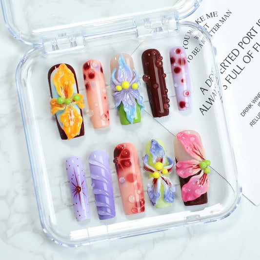 Handmade Flower Press On Nails - Gradient Floral 3D Waterdrop Design | Long Coffin Multicolor Acrylic Nails (Size M)