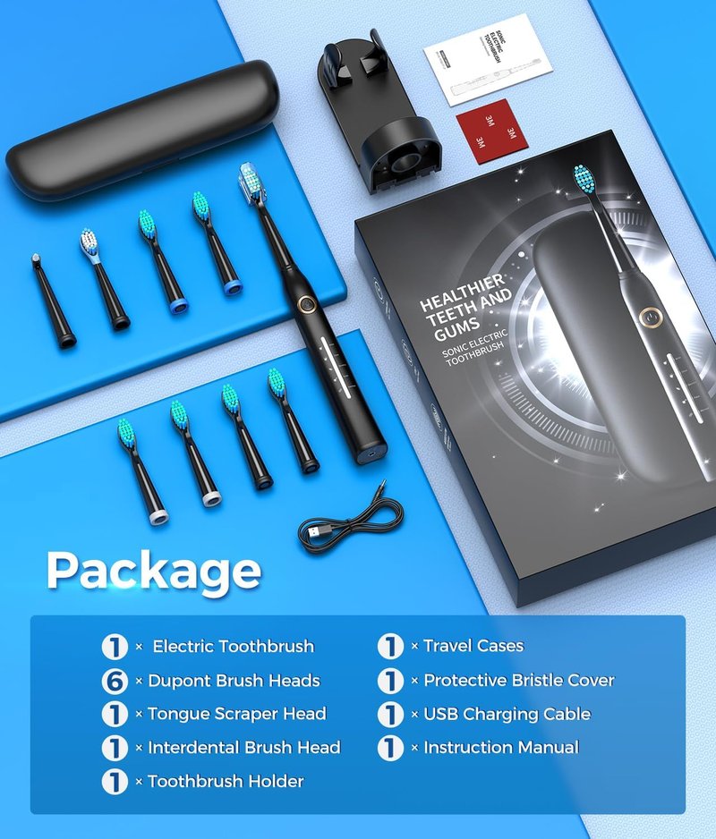 Sonic Electric Toothbrush - 40,000 VPM Deep Clean with 8 Brush Heads & Travel Case | Rechargeable, 5 Modes, Black