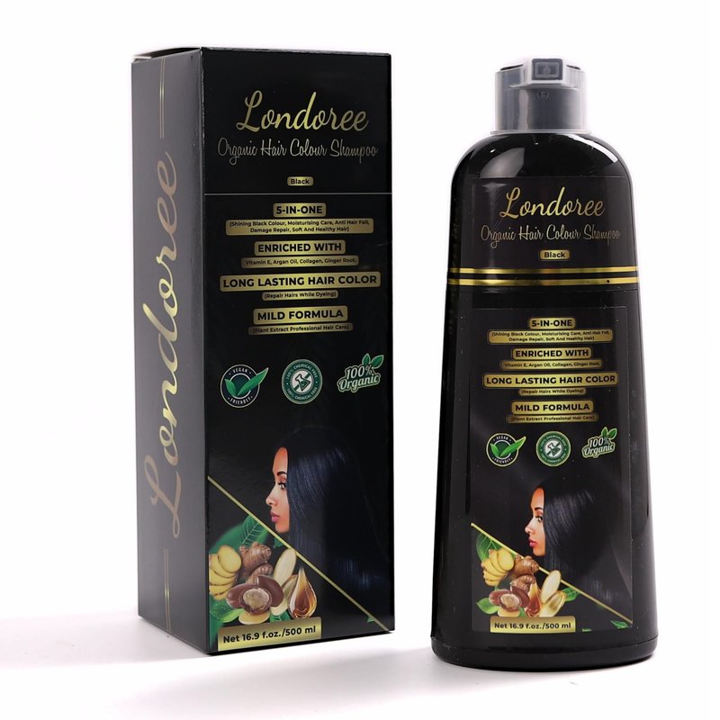 Londoree 5-in-1 Hair Dye Shampoo 500ml Black | Ammonia-Free Grey Coverage with Vitamin E, Argan Oil & Collagen – Colors, Moisturizes, Repairs & Reduces Hair Fall in Just 15 Minutes