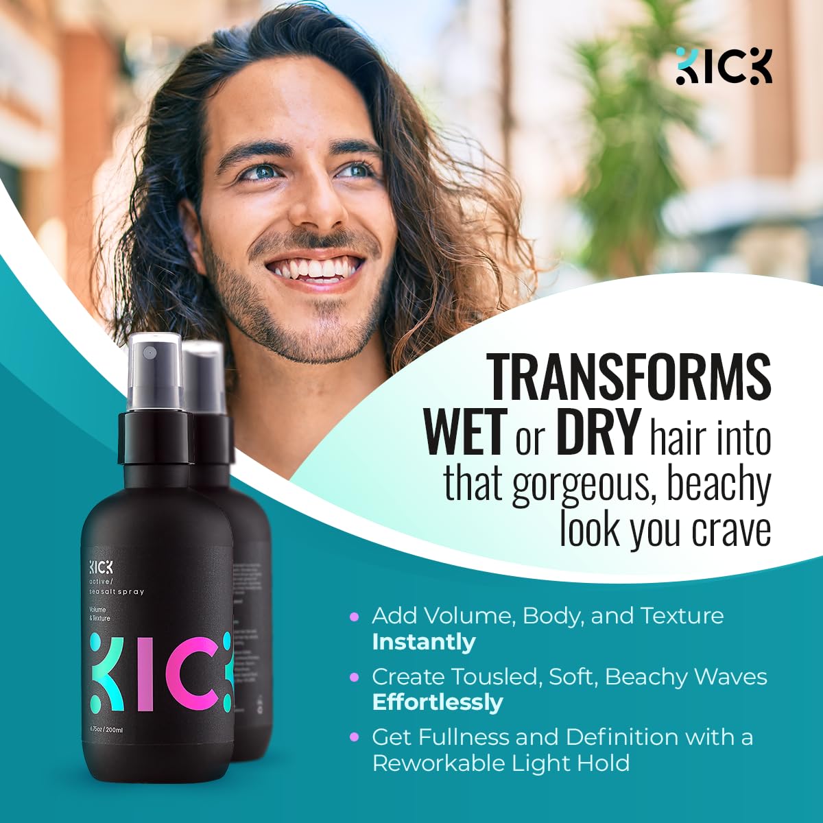 Kick Sea Salt Spray for Men - Beach Wave and Surfer Hair Style - Salt Water for Hair - Natural Texture and Volume Hair Spray - 200ml