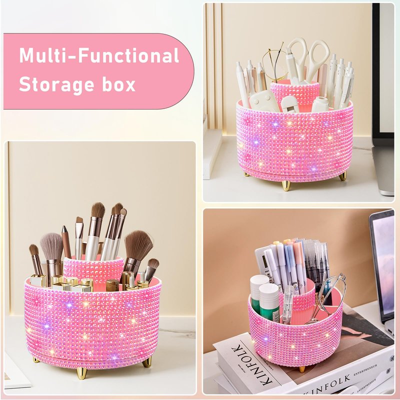 Diesisa Bling Diamond 360° Makeup Brush Holder Organizer, Rotating Makeup Brush Organizer,5 Slot Make up Brushes Cup for Cosmetics, Vanity Desktop Organizer, Gift for Women Teen Girls- Diamond Pink