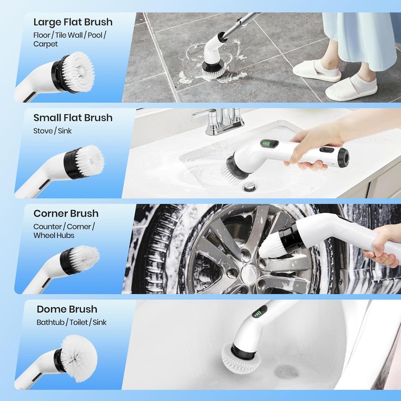 Electric Spin Scrubber - IPX7 Waterproof Cordless Shower Cleaner with 8 Heads & Extendable Handle | 2 Speeds, 2-Hour Runtime