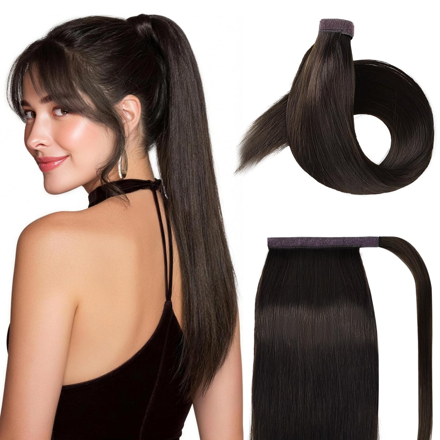 JIAMEISI Ponytail Extension Human Hair Wrap Around Clip in Hair Piece Ponytail Extension Human Hair Straight Ponytail Hair Extensions with Magic Paste 70G 16 Inch #2 Darkest Brown