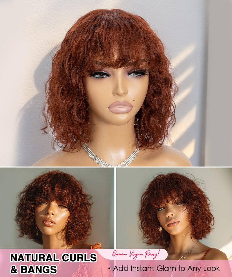 Queen Virgin Remy Short Curly Wig - Human Hair Bob with Bangs for Black Women | Ginger Orange